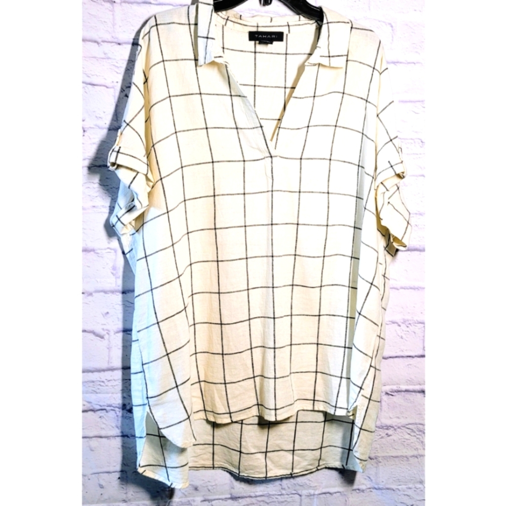 TAHARI Cream & Black Linen Blend Collar V Neck Hi-Low Hem Tunic Top Size 1X NWOT